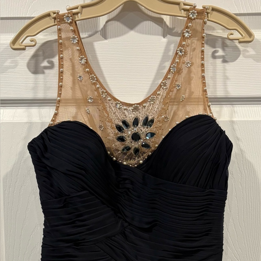 Elegant Navy Evening Dress with Beaded Mesh Neckline – Worn Once